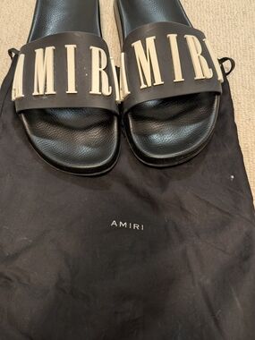 AMIRI Black Slide Sandals with Cream Logo